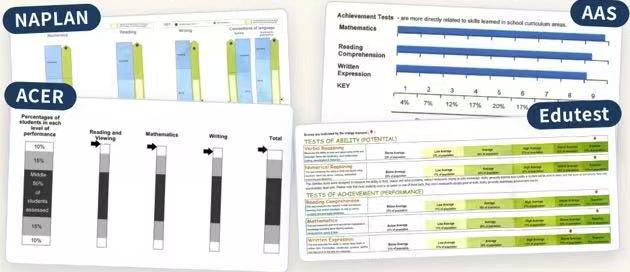 Anonymised NAPLAN, AAS, ACER and Edutest student report examples from the Pintop results poster